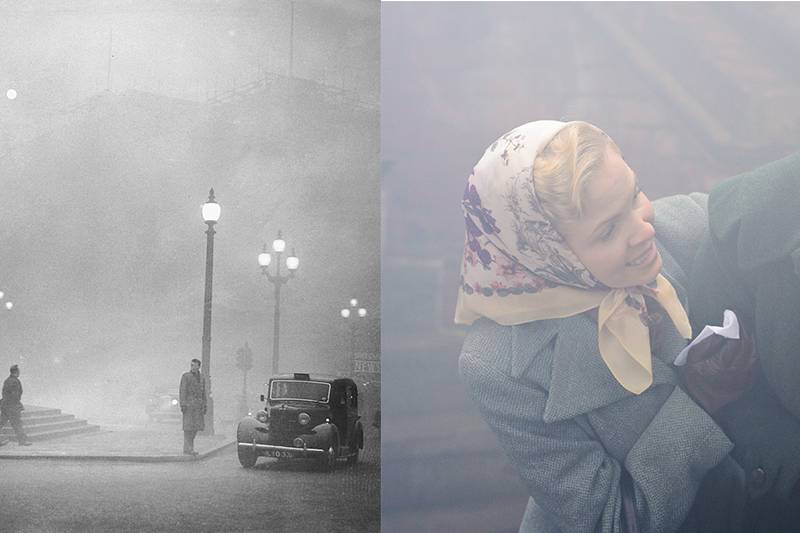 london smog in black and white and a woman from the crown