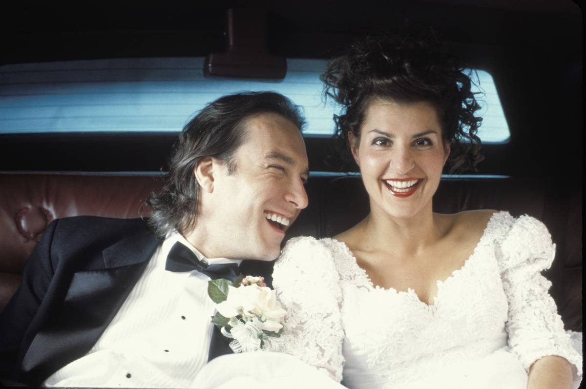 actors smiling in wedding clothes in my big fat greek wedding