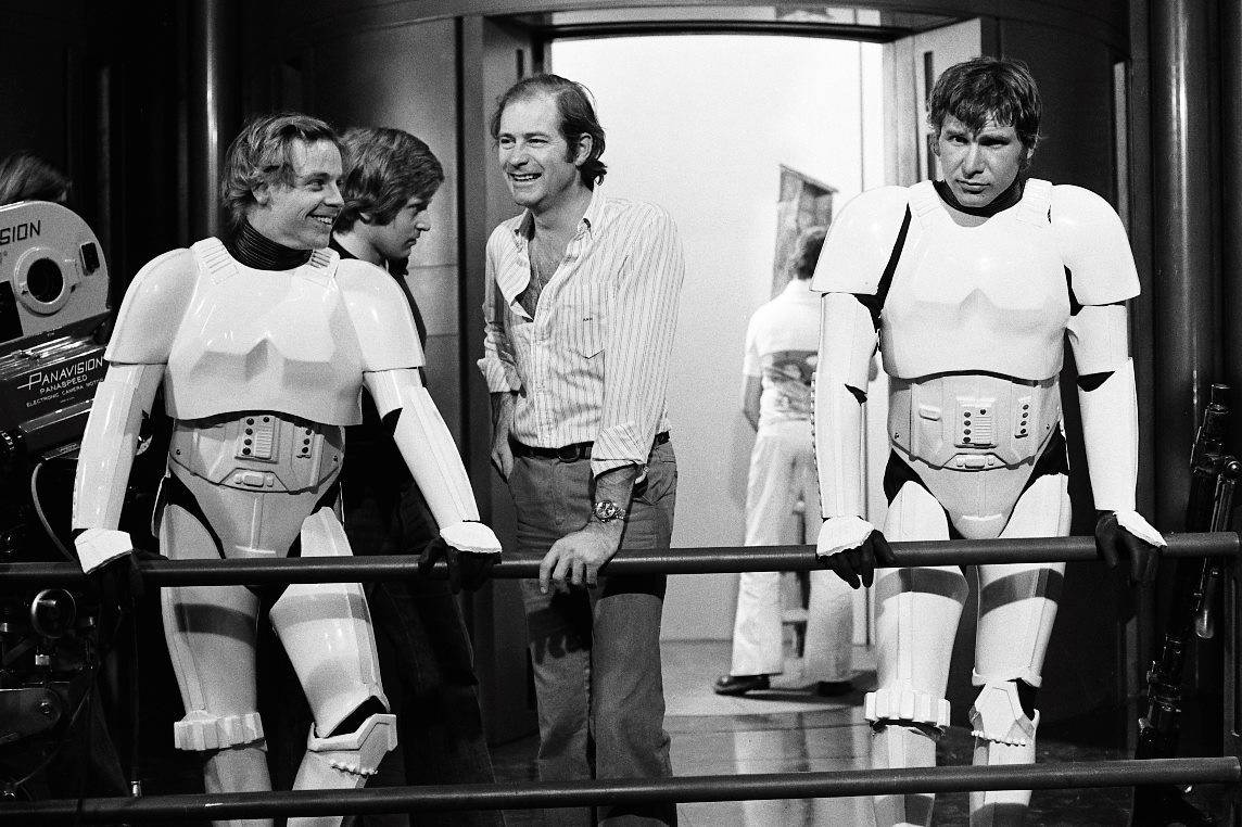Mark Hamill and Harrison Ford in their Stormtrooper costumes in Star Wars (1977)
