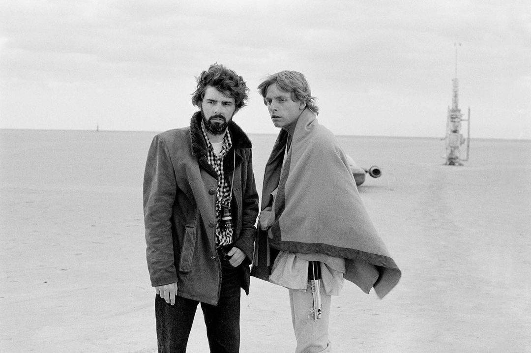 George Lucas and Mark Hamill on set for Star Wars