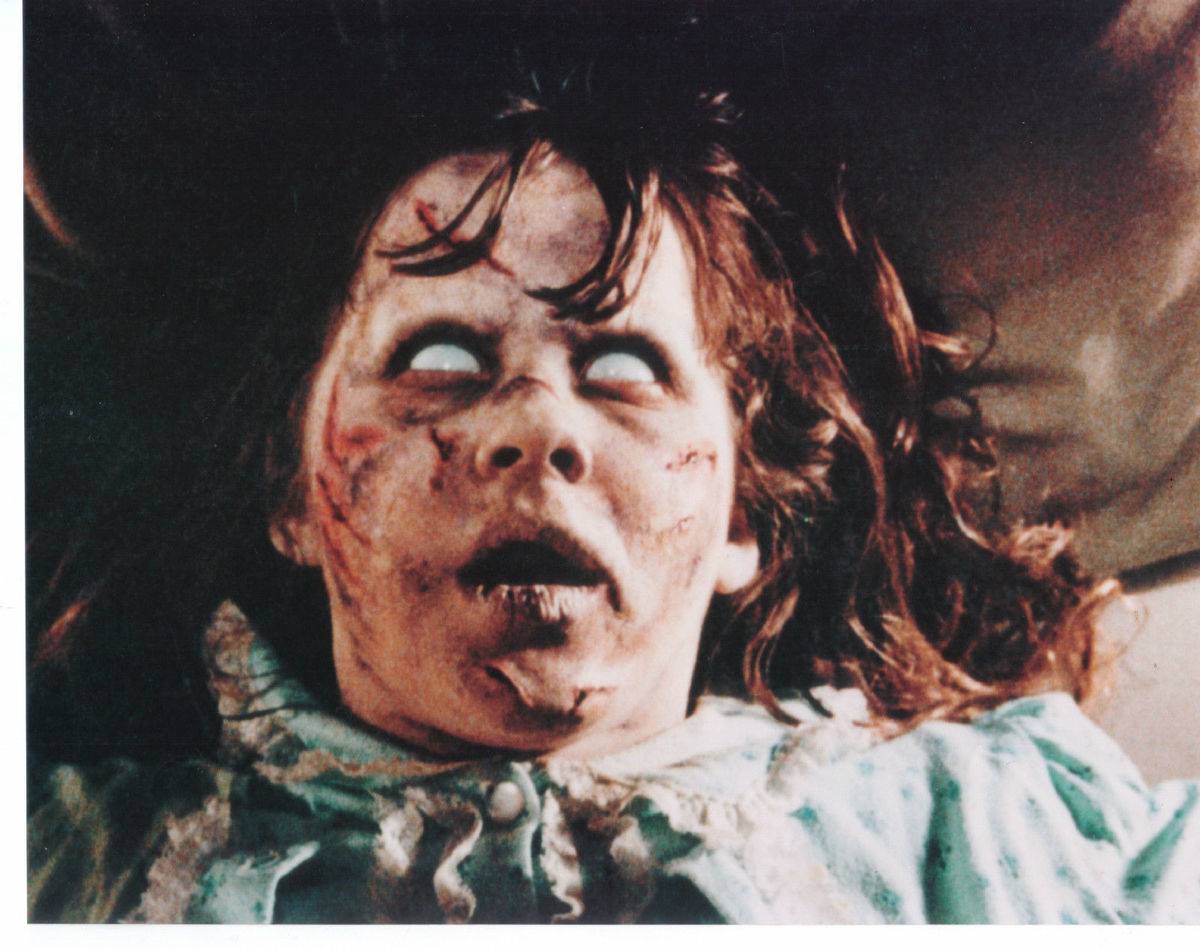 Linda Blair in character in a still image from The Exorcist (1973)