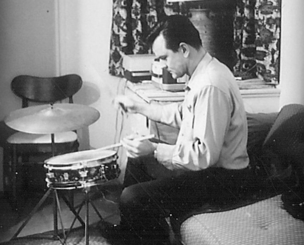 Bob Crane plays the drums in vintage black and white photo