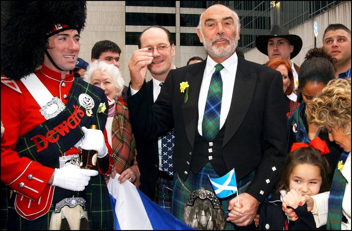 Actor Sean Connery has leaded a brigade of 10 000 bagpipers through the 6th avenue and Central Park in New York, United States on April 06, 2002.