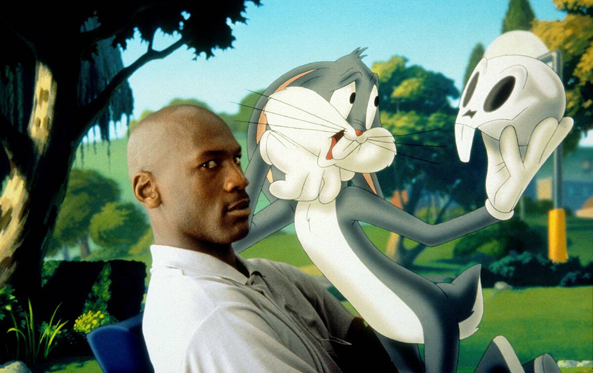 Bugs Bunny referencing Hamlet with buck-toothed skull next to confused Michael Jordan in Space Jam