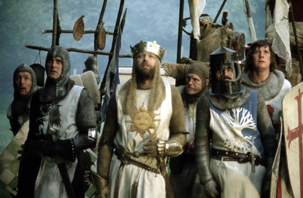 the cast of monty python and the holy grail looking up