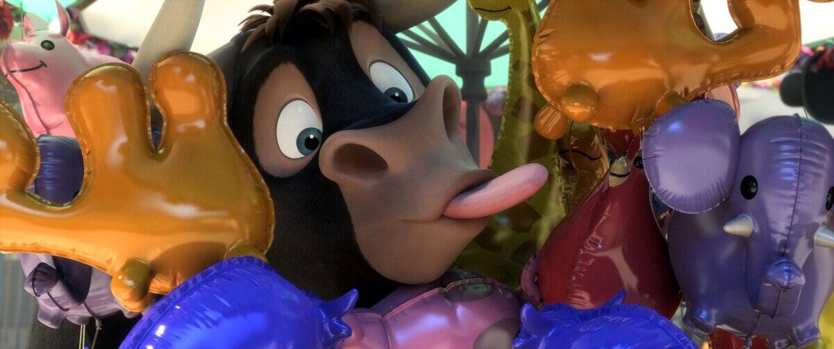 bull sticking tongue out among balloons in Ferdinand