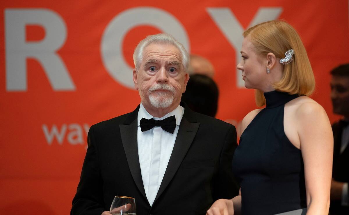 Brian Cox looking horrified next to Sarah Snook in Succession